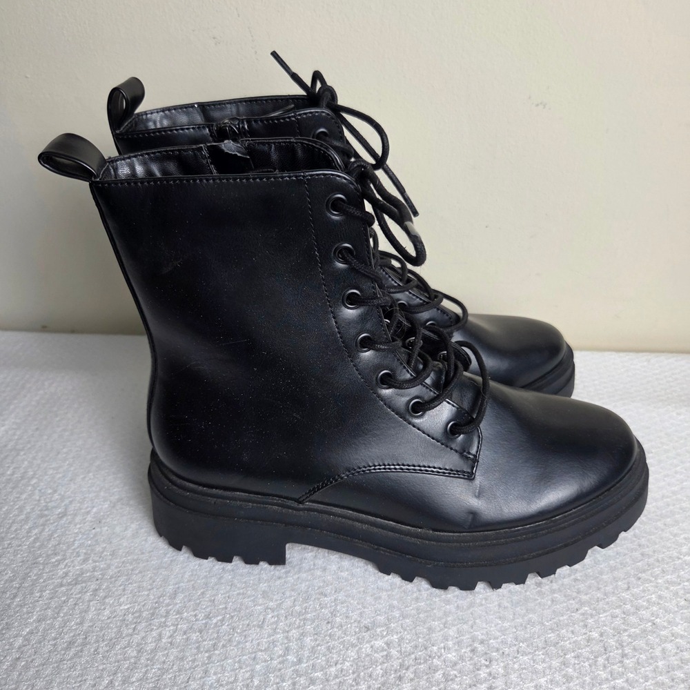 Womens Black Lace Up Side Zip Lug Sole Combat Boots Size 8.5 Grunge Streetwear